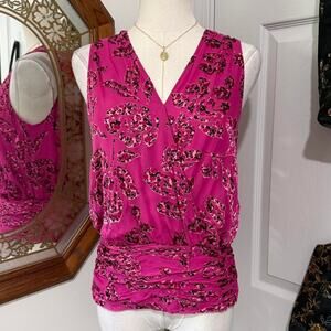 White House Black Market Hot Pink & Black Floral Animal Print Silk Blend Top XS